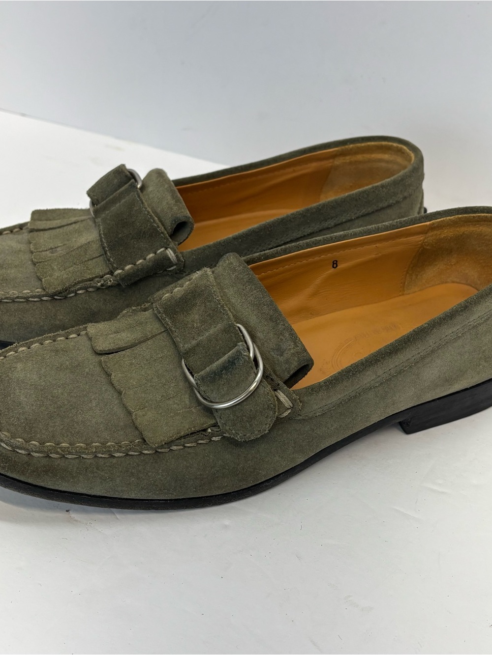 Tod's Women's Driving Suede Loafers US 8 Olive Green Leather Fringe Academia